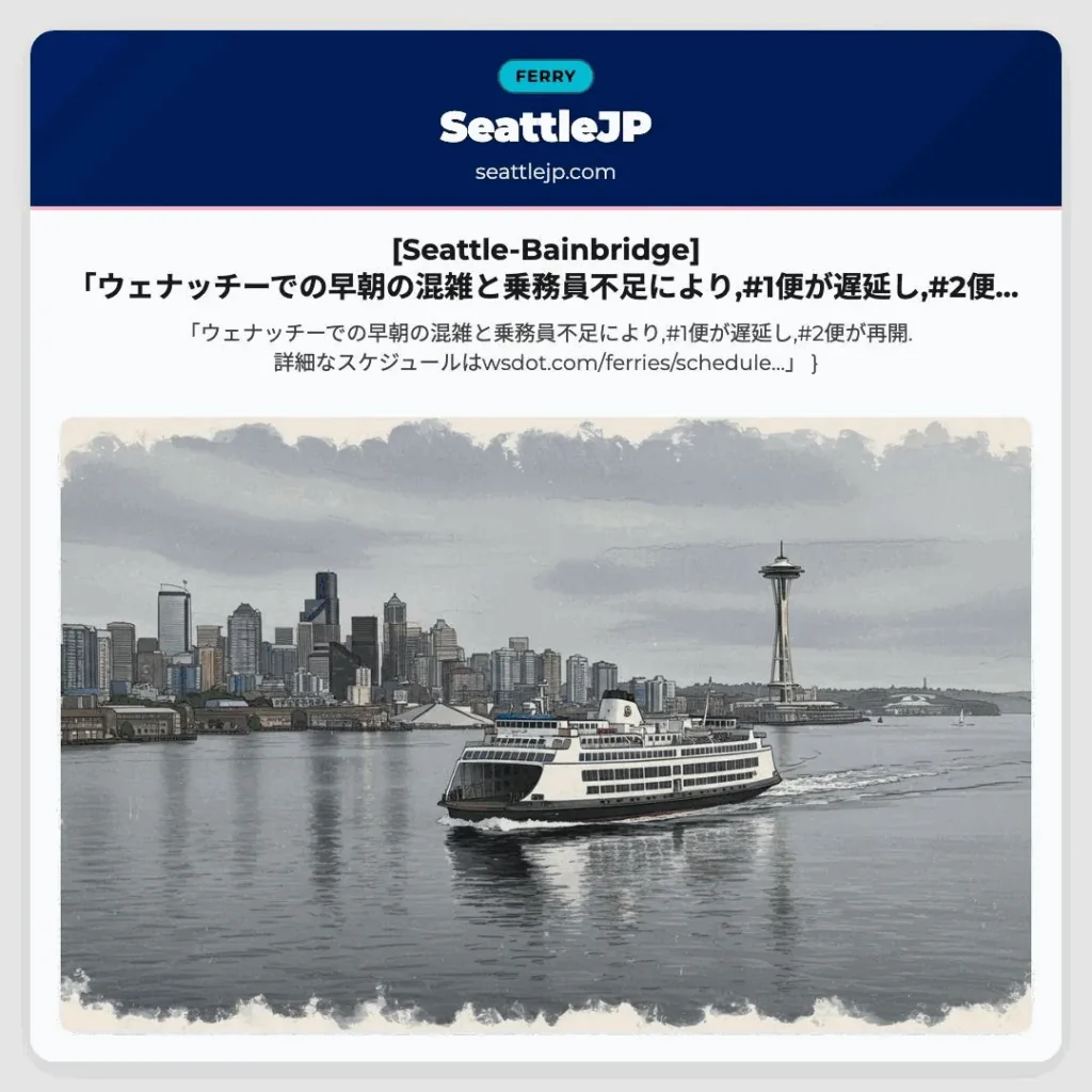 [Seattle-Bainbridge] 「ウェナッチーでの早朝の混雑と乗務員不足により,#1便が遅延し,#2便が再開.詳細なスケジュールはw