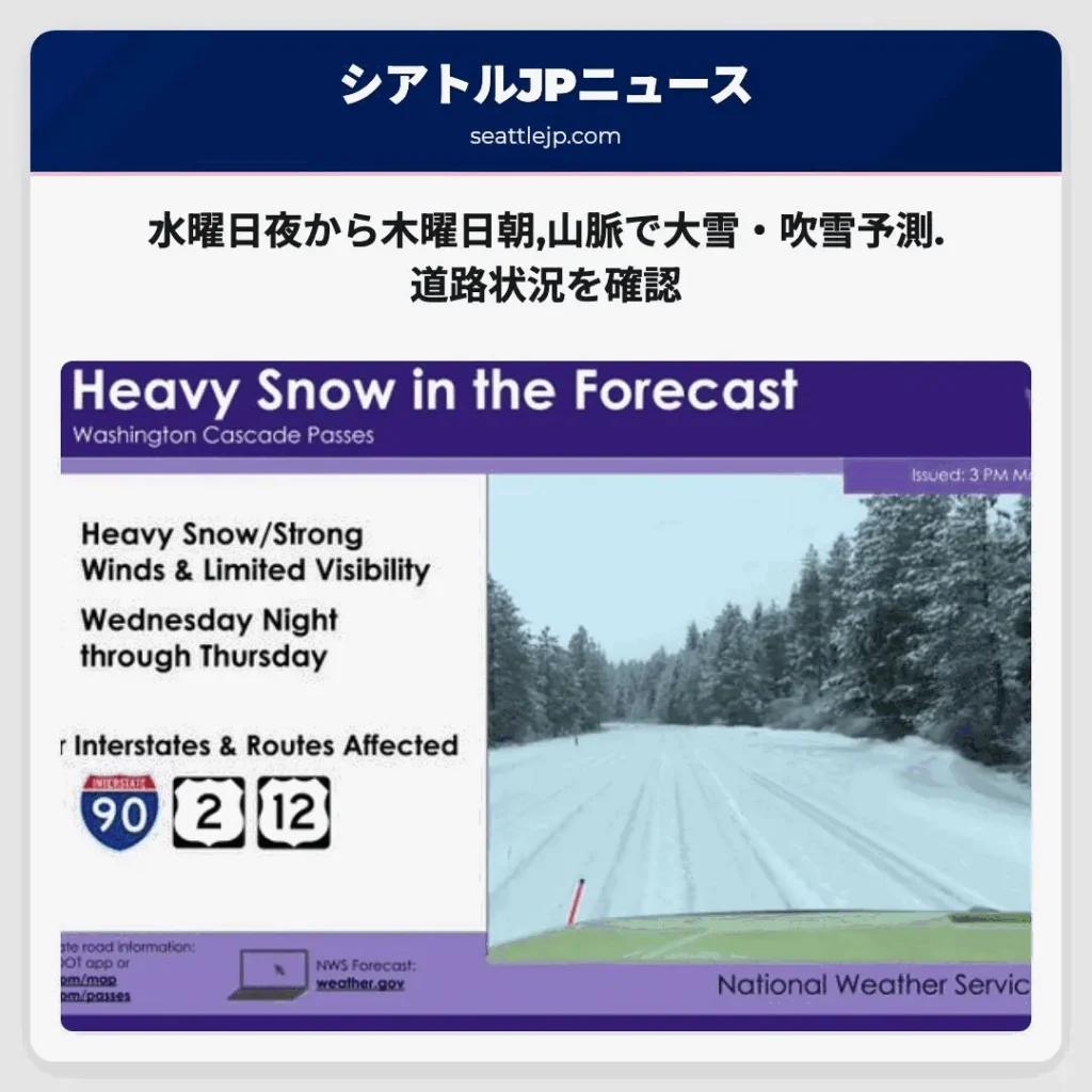 水曜日夜から木曜日朝,山脈で大雪・吹雪予測.道路状況を確認