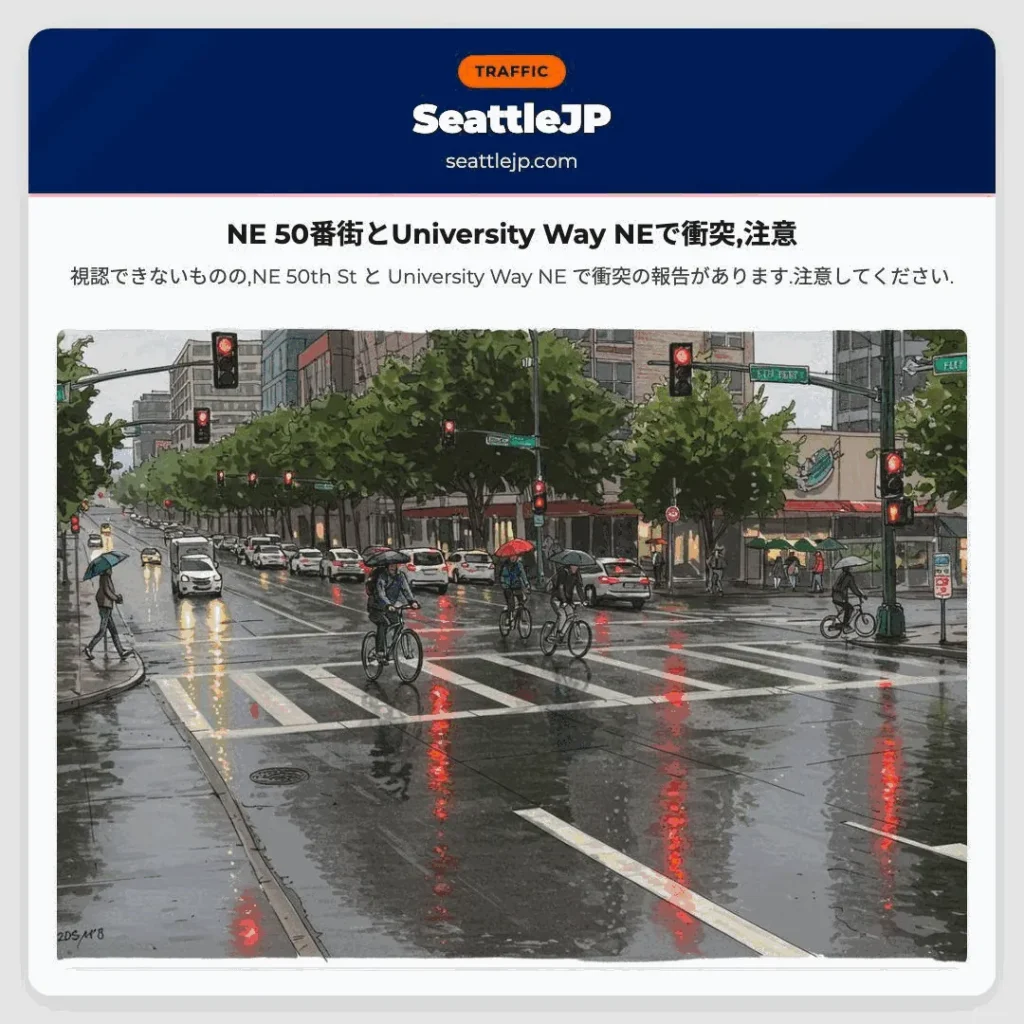 NE 50番街とUniversity Way NEで衝突,注意