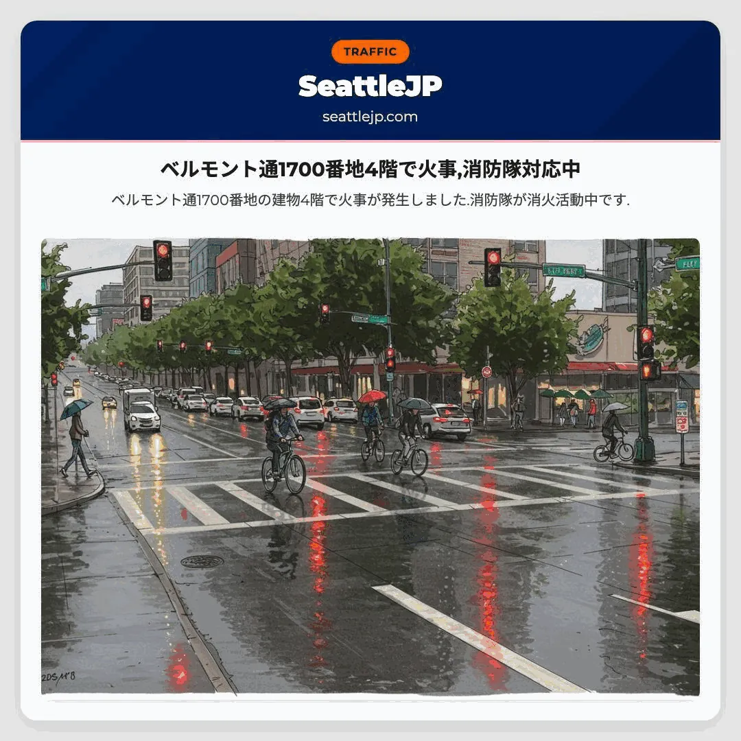 ベルモント通1700番地4階で火事,消防隊対応中