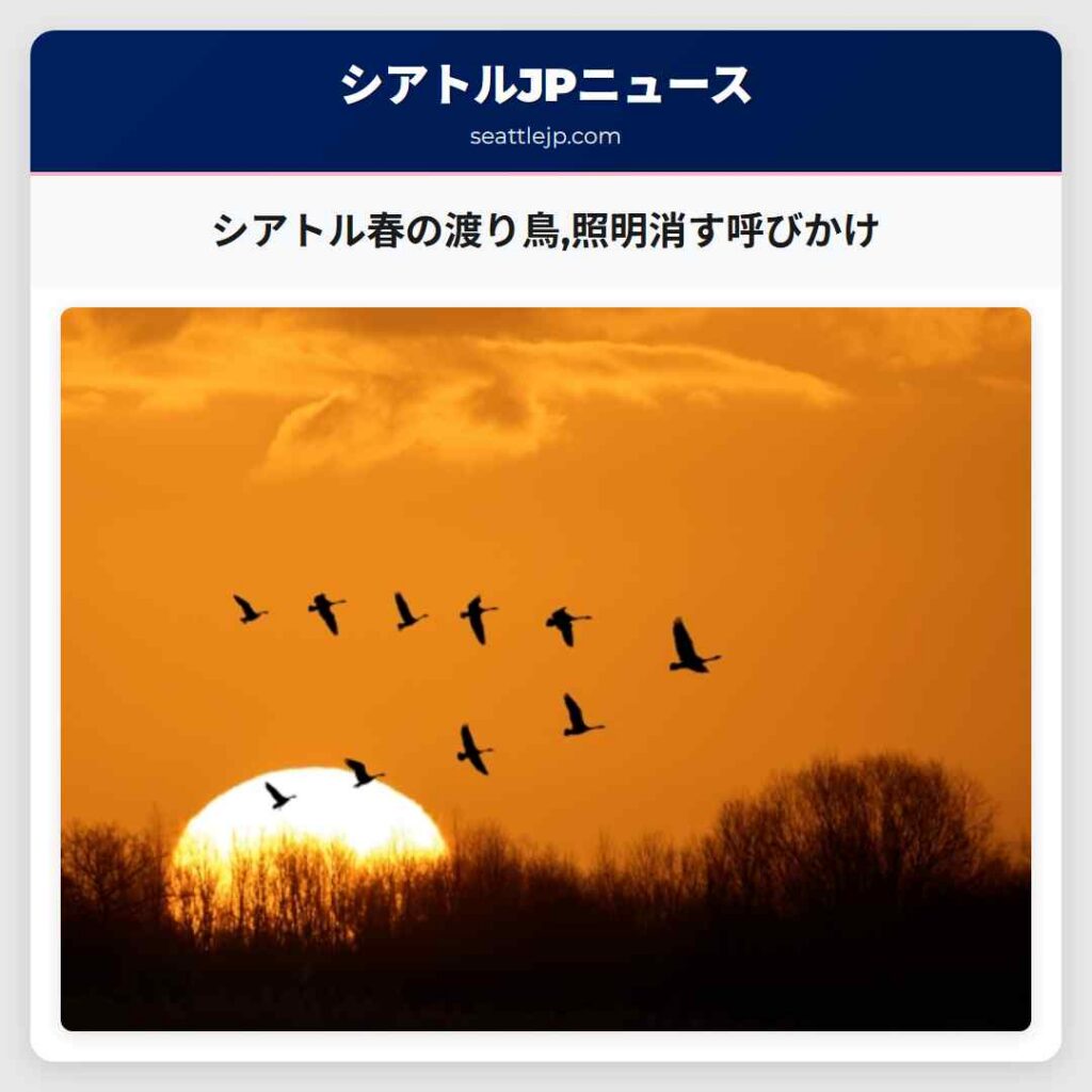 シアトル春の渡り鳥,照明消す呼びかけ