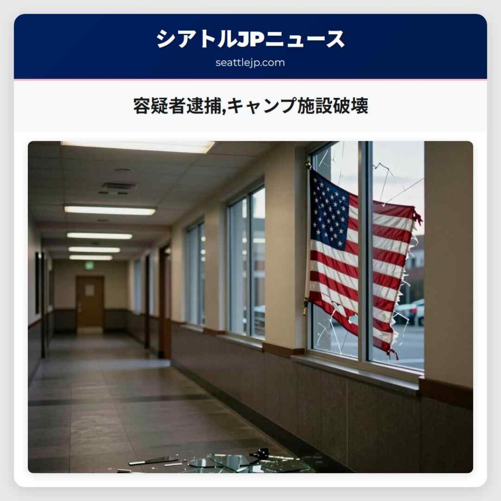 容疑者逮捕,キャンプ施設破壊