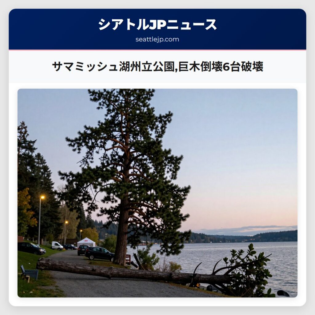 サマミッシュ湖州立公園,巨木倒壊6台破壊