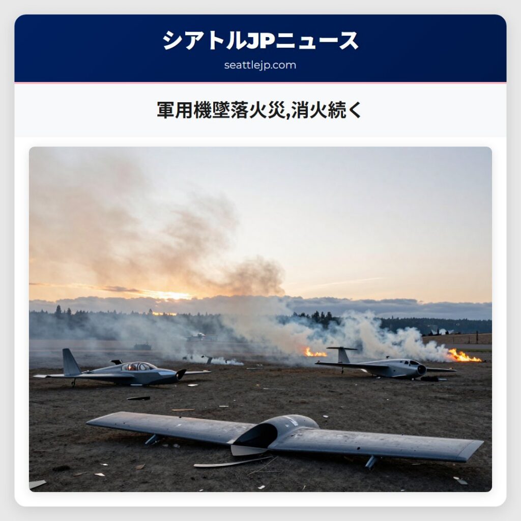 軍用機墜落火災,消火続く