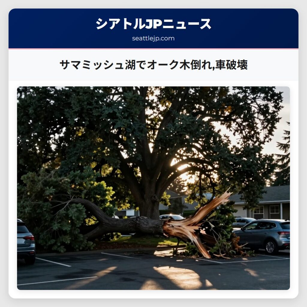 サマミッシュ湖でオーク木倒れ,車破壊